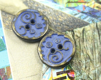 Metal Buttons - Swirls Metal Buttons , Copper Blue Color , 2 Holes , 0.39 inch , 10 pcs