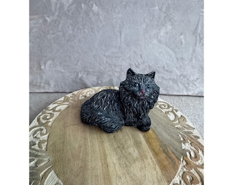 Vintage Style Schwarz Langhaar Katze Keramik Figur Handgemalte Blaue Augen Statue