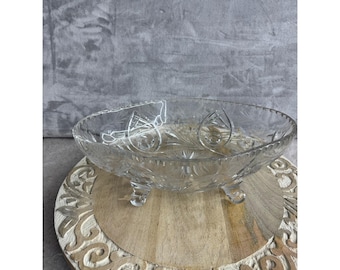 Vintage Cut Crystal Floral Footed Oval Centerpiece Bowl Scalloped Rim 11 Inch