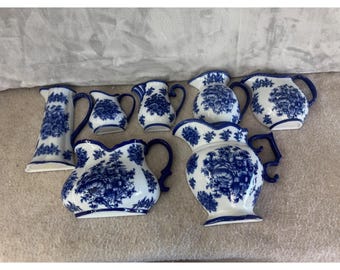Blue White Floral Porcelain Pitcher Creamer Set 6pc Flow Blue Style Victorian