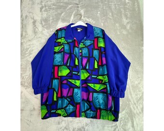 Silver Threads Ltd Vintage 90er Jahre Geometric Windbreaker Jacke Blau XL Made in USA