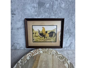 Vintage Framed Rooster Chicken Lithograph Print Farmhouse Wall Art 14.5x11.5