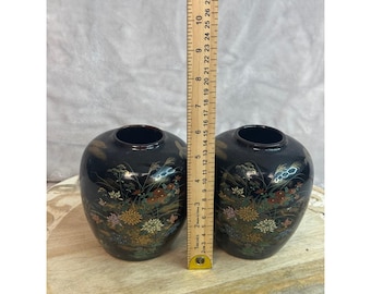 Vintage Black Bird Floral Keramik Ingwer Gläser Knospe Vasen Set von 2 Chinoiserie
