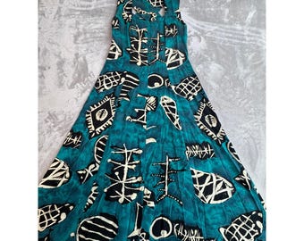Vestido largo cruzado batik abstracto en verde azulado y negro de los años 90 All That Jazz 9/10