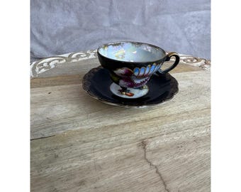 Royal Sealy China Schwarz Lusterware Teetasse und Untertasse Set Japan Floral Gold
