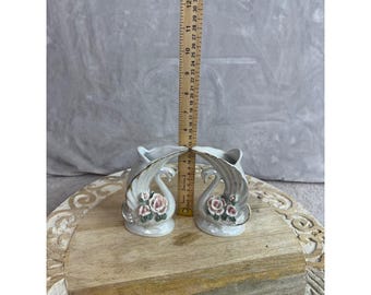 Vintage irisierende Keramikvasen mit rosa Rosen und Goldrand