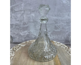 Vintage Diamond Cut Glass Decanter with Faceted Stopper Clear Barware 11 Inch
