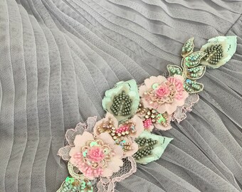 Pink and green beaded lace applique,  flower girl applique, floral diy craft for flower girl, flower embroidered trim