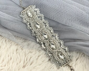 Bridal bracelet, Crystal lace bracelet, beaded rhinestones cuff, silver lace beading wedding bracelet