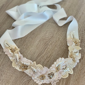 Off white  Blush Gold Lace Sash - bridal sash - beaded gold blush bridal belt