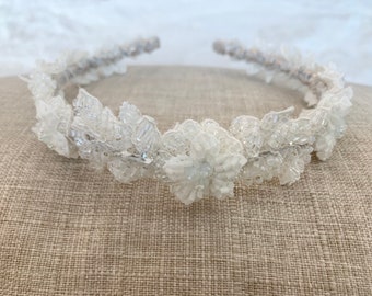 Valentina ~ Floral beaded bridal tiara / off white embroidered wedding headband / couture beading bridal hair accessory