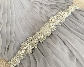 Crystal belt appliqué, bridal rhinestones sash trim, wedding dress crystal trim, beaded rhinestone wedding gown, silver bridal belt