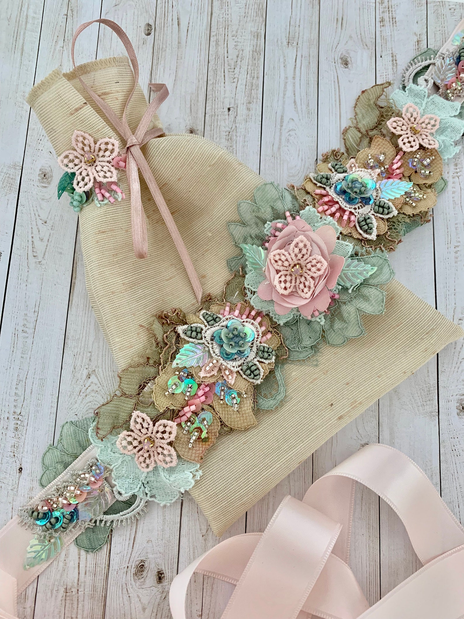 Spring Lace Sash, Beaded Lace Sash, Pink and Green Lace Sash Etsy