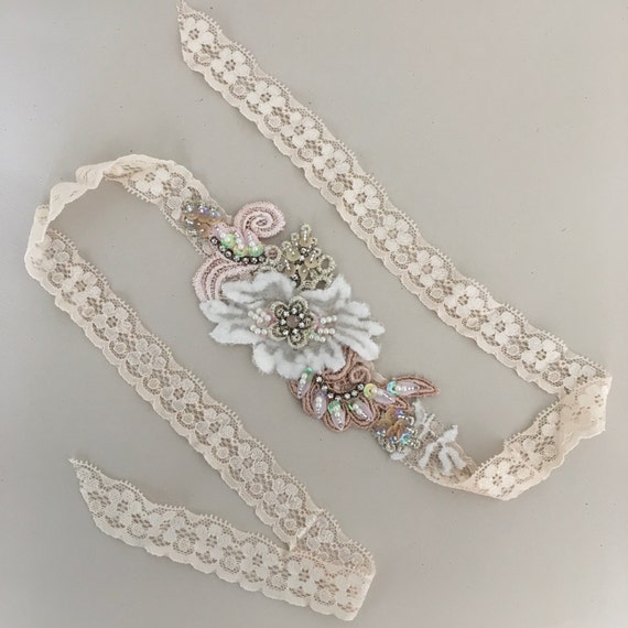 Nude/ballet pink beaded lace headband flower girl headband Etsy