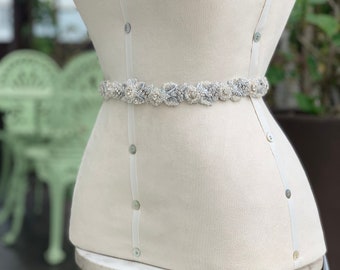 Isabela ~ Silver and cream vintage inspired beaded wedding belt, rhinestone bridal belt, crystal beaded bridal sash