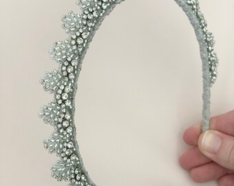 Silver diamond skinny bridal tiara, rhinestones wedding accessory, princess look headwear, embroidered crystal headband, silver tiara