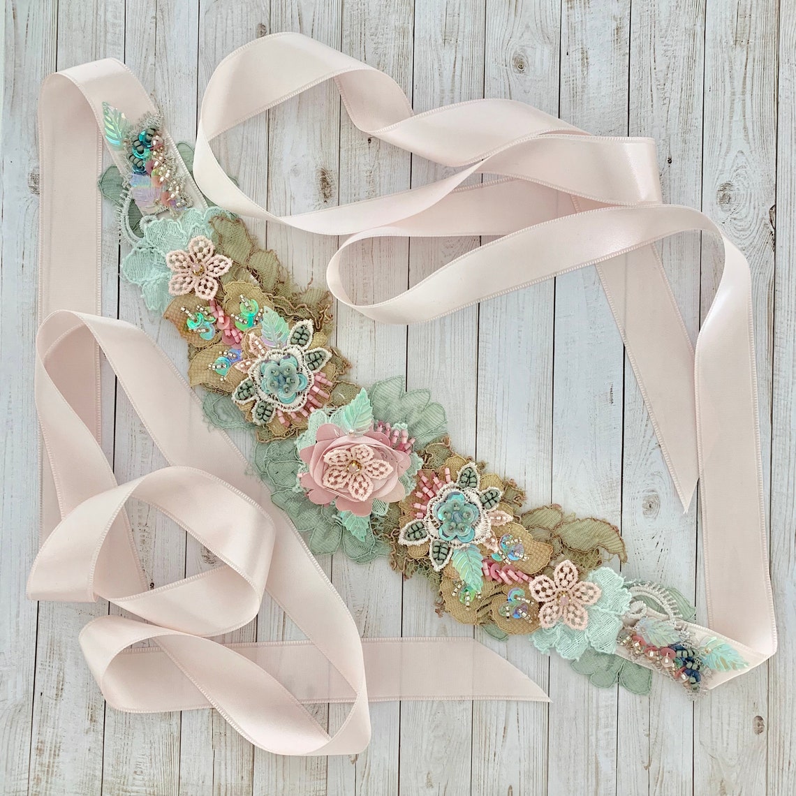 Spring Lace Sash, Beaded Lace Sash, Pink and Green Lace Sash Etsy