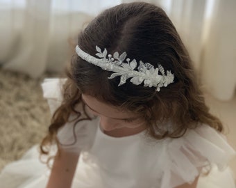 Hand Beaded Off-White Floral Headband for Flower Girls - Handcrafted Wedding Accessories