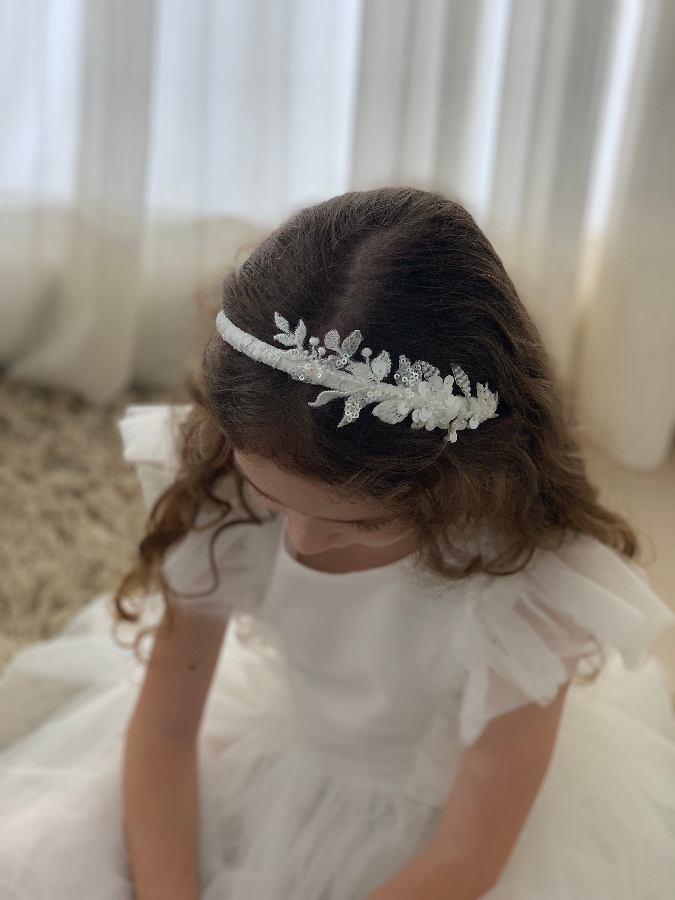 Hand Beaded Off-white Floral Headband for Flower Girls 