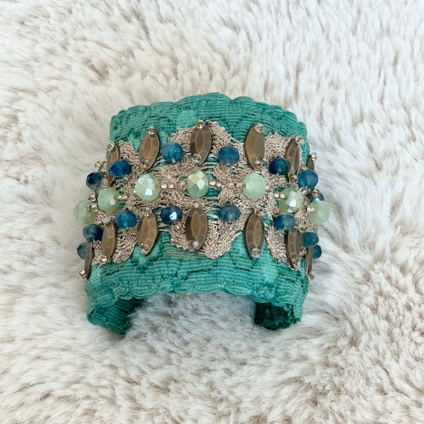 Boho Chic Emerald Green teal beaded cuff bracelet / green embroidered cuff/ bohemian bracelet