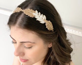 White and gold beaded bridal tiara/ greek inspired wedding crown/ leaf tiara/laurel crown