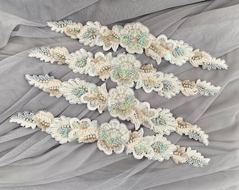 Ice blue beaded lace trim appliqué for sash/headband - flower girl, bridesmaids, bride/ pale blue beaded trim