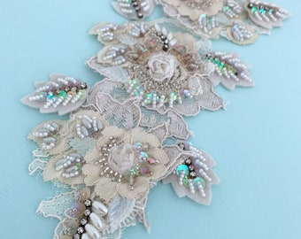 Beaded lace appliqué - buttercream, ivory beaded lace trim, diy bride, mother of the bride embellishment