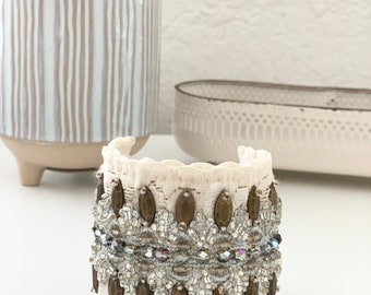 Ivory, silver and bronze bohemian beaded lace cuff/ boho ivory bracelet