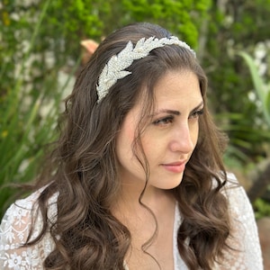 Aria Bridal Tiara/ silver beaded bridal pearl tiara / silver and crystal embroidered wedding crown / couture  bridal hair accessorie