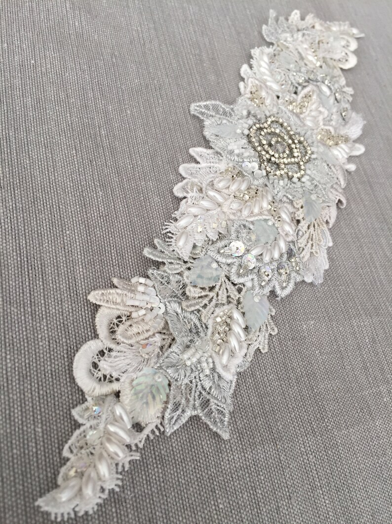 Silver/White beaded lace appliqué lace sash bridal appliqué Etsy