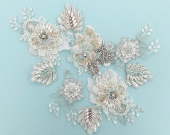 Ivory/mint cream lace beaded appliqués/ pearl beading appliqué/ lace wedding trim