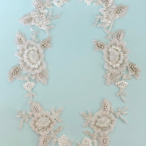 Off white beaded lace appliqué/Embroidery crystal appliqué for wedding dress/ Ivory beaded bridal trim/