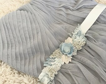 Dusty blue bridal beaded belt, off white and smoky blue embroidered wedding belt, beaded bridal sash