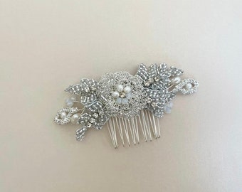 Silver rosette pearl comb, silver and off white bridal beaded comb, real silver  thread embroidered wedding hair comb