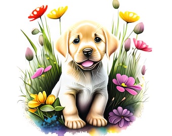 May include: A cute, light brown and white puppy dog sitting in a field of colorful flowers. The flowers are pink, yellow, red, and purple.