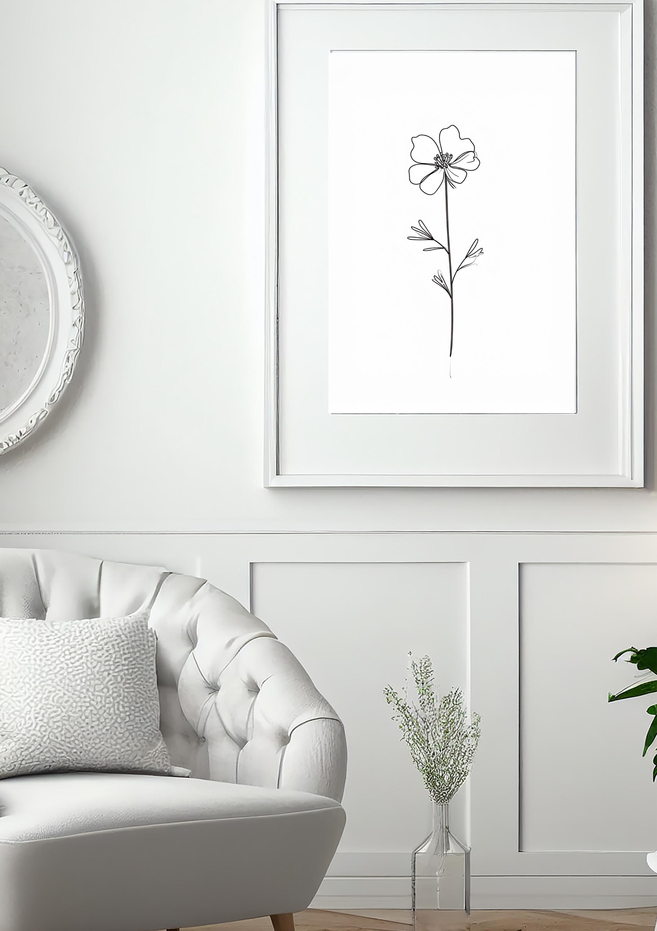 Minimalist Wildflower Line Art Print – Black and White Botanical Wall ...