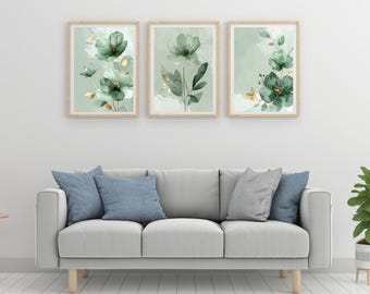 Puede incluir: Tres impresiones enmarcadas con un diseño de estilo acuarela de flores y hojas verdes sobre un fondo verde claro.