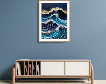青と金の海の波アート：抽象的な藍の絵画（デジタルダウンロード