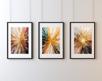 Set of 3 Printable Abstract  Boho Minimalist modern Wall Art  Radiating Energy Burst Painting – Soft Layered textured Brush Strokes