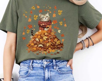 Cat Fall Leaves Tshirt,Autumn Fall Cat Women Shirt,Cat Lovers Fall Gift for Mom,Cute Autumn Kitten Shirt,Fall Vibes Shirt,Happy Fall Cat Tee