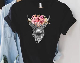 Highland Cow T-Shirt, Floral Highland Cow Shirt, Western Shirt, Cute Cow Shirt,  Country Farm Shirt, Boho Shirt, Cow Shirt, Country Girl Tee