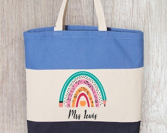Personalized Rainbow Teacher Tote Bag, Rainbow Teacher Gift, Tri Color Teacher Tote Bag, Custom Teacher Name Tote Bag, Teacher Appreciation