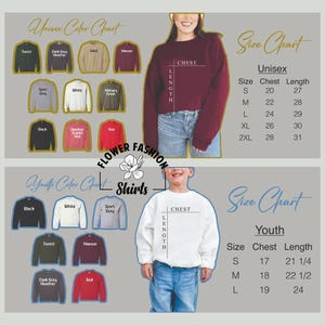 Puede incluir: Imagen del producto con una carta de colores y una tabla de tallas para camisetas unisex y juveniles. La carta de colores muestra varios colores de sudaderas, incluyendo negro, blanco y granate. La tabla de tallas proporciona medidas de pecho y largo en cm.
