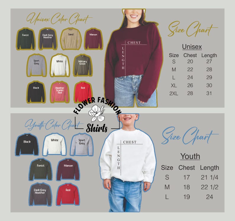 Puede incluir: Imagen del producto con una carta de colores y una tabla de tallas para camisetas unisex y juveniles. La carta de colores muestra varios colores de sudaderas, incluyendo negro, blanco y granate. La tabla de tallas proporciona medidas de pecho y largo en cm.