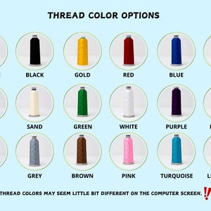 Puede incluir: Imagen que muestra opciones de color de hilo, incluyendo naranja, negro, dorado, rojo, azul y amarillo. Otros colores son rojo, arena, verde, blanco, morado, gris claro, rosa, gris, marr&oacute;n, turquesa y azul claro. Texto: OPCIONES DE COLOR DE HILO.