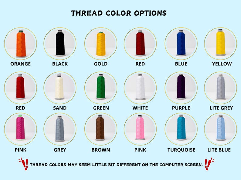 Puede incluir: Imagen que muestra opciones de color de hilo, incluyendo naranja, negro, dorado, rojo, azul y amarillo. Otros colores son rojo, arena, verde, blanco, morado, gris claro, rosa, gris, marr&oacute;n, turquesa y azul claro. Texto: OPCIONES DE COLOR DE HILO.