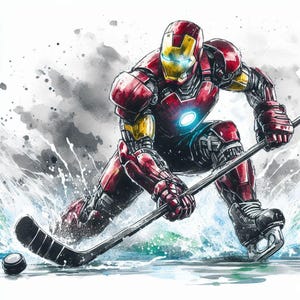 Homem de Ferro Jogando Hóquei - Pôster Esportivo | Pôster Engraçado em Estilo Aquarela | Papel Semibrilhante de Qualidade de Museu | Presente Perfeito!
