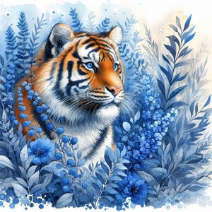 Póster de Tigre en el Bosque Azul / Póster estilo acuarela / Papel semibrillante de calidad de museo / Regalo perfecto para la decoración del hogar