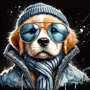 かっこいい服を着たキュートでクールな犬 | 水彩画風のかわいいポスター | 美術館品質の半光沢紙 | ギフトに最適!