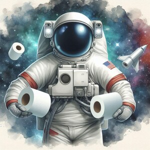 Astronauta che consegna carta igienica - Divertente poster da bagno / Divertente poster in stile acquerello / Carta semilucida di qualità museale /